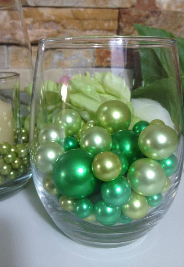 Lime/Green Pearls 80pc Mix, Jumbo Pearls Vase Fillers, No Hole Pearls, Scatters, Floating Pearl Centerpiece. Wedding Pearl Centerpieces