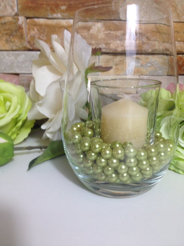 Lime/Green Pearls 80/200pc Mix, Jumbo Pearls Vase Fillers, Candle Glass Fillers, Floating Pearl Centerpieces, Wedding Pearl Decor