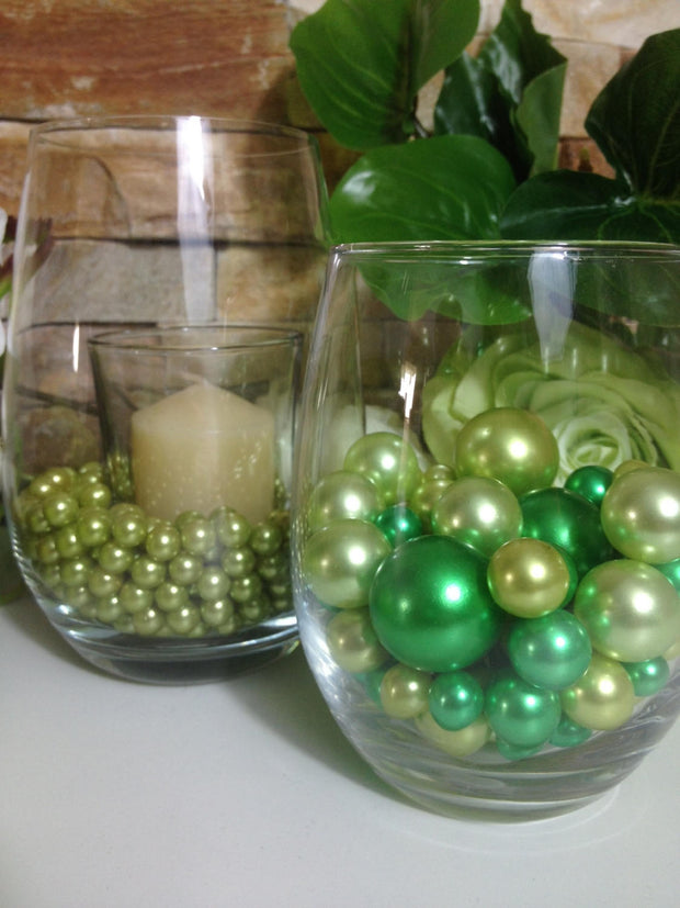 Lime/Green Pearls 80/200pc Mix, Jumbo Pearls Vase Fillers, Candle Glass Fillers, Floating Pearl Centerpieces, Wedding Pearl Decor