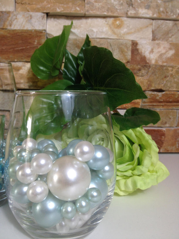 Light Blue/white Pearls 80pc Mix, Jumbo Pearls Vase Fillers, No Hole Pearls, Floating Pearl Centerpiece. Wedding Pearl Centerpieces