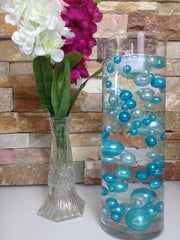 Easy DIY Floating Pearl Centerpiece Teal/Light Blue Pearls 80pc Mix, Jumbo Pearls Vase Fillers, Table Scatters, Wedding Pearl Centerpieces