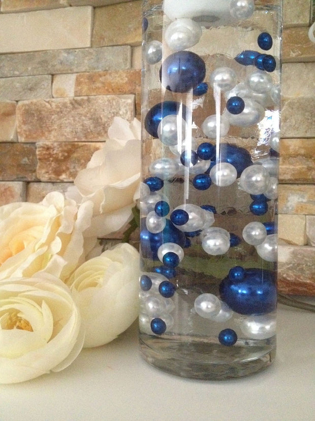 Floating Pearls Centerpieces, Royal Blue/White 80pc Mix, Jumbo Pearls Vase Fillers, Decorative Pearls