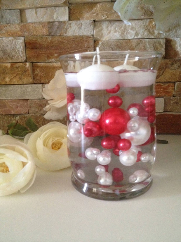 Floating Pearls Red/White Pearls 80pc Mix, Jumbo Pearls Vase Fillers, No Hole Pearls, Decorative Pearls, Pearls Confetti