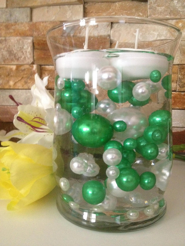 Decorative Pearls Kelly Lime Green/White Pearls 80pc Mix, Jumbo Pearls Vase Fillers, No Hole Pearls, Floating Pearls, Pearls Confetti