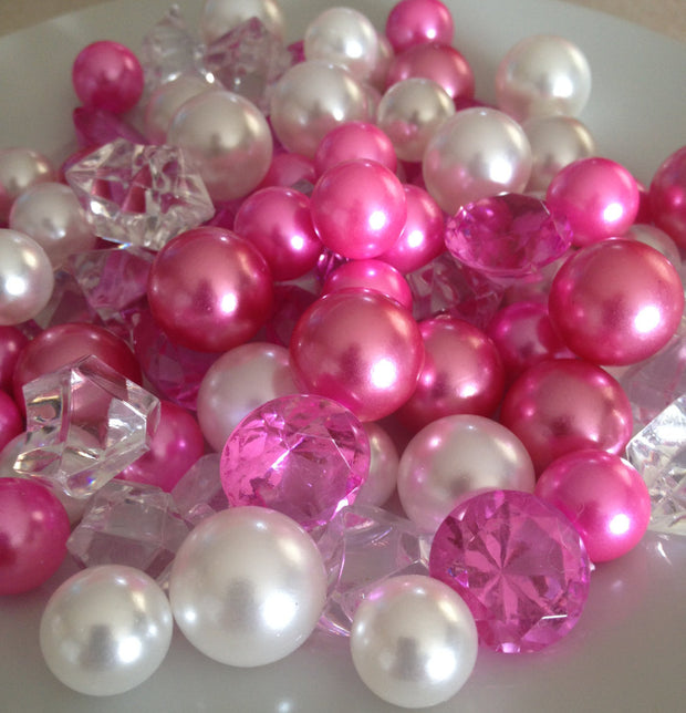 Vase Filler Pearls & Diamond Gems 90pc White/Pink/Hot Pink in mix size perfect for wedding, baby shower, bridal shower