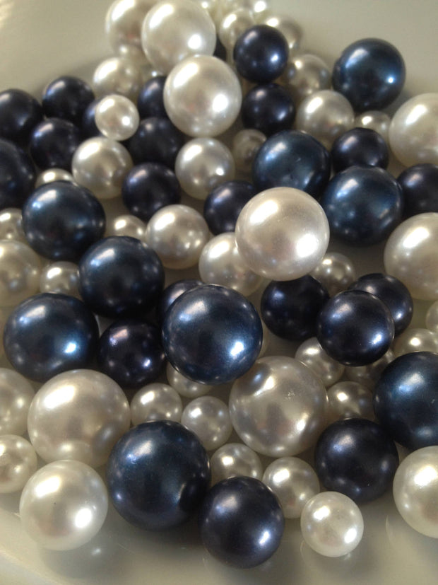 90pc Navy Blue/White Pearls, No Hole Pearls Vase Fillers, Table Scatters, Floating Pearl Centerpiece