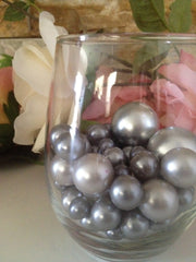 Floating Pearl Centerpiece, Gray/Silver Pearls 80pc Mix,  Jumbo Pearl Vase Fillers, Table Scatters
