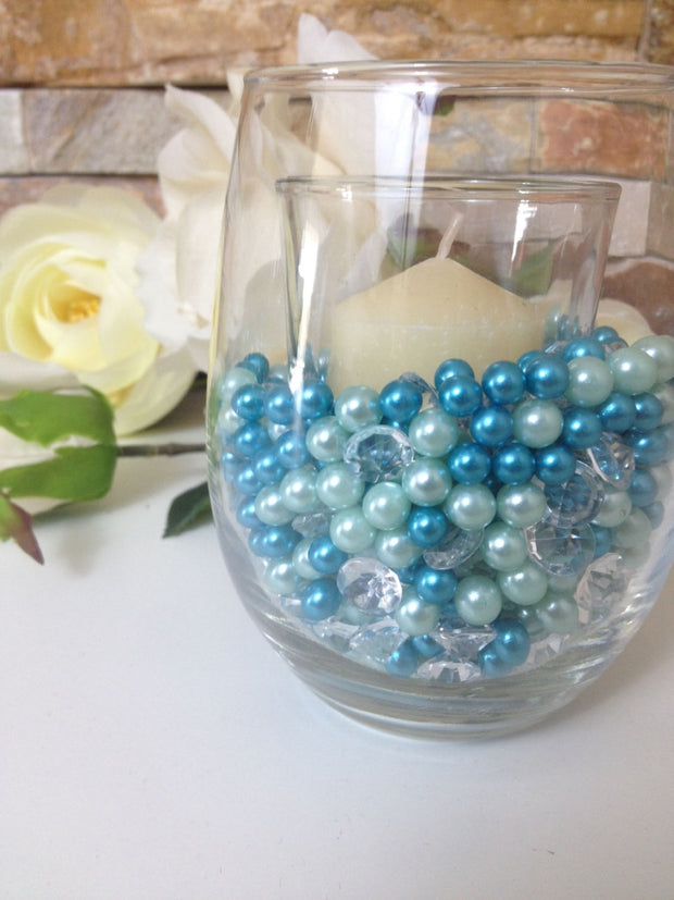 Teal/Light Blue Pearls, Diamonds And Pearls Confetti 500pc Mix, For Candle Vase Fillers, Table Scatters, No Hole Pearls, Small Pearls