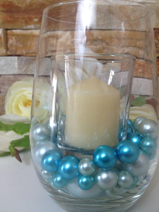 Easy DIY Floating Pearl Centerpiece Teal/Light Blue Pearls 80pc Mix, Jumbo Pearls Vase Fillers, Table Scatters, Wedding Pearl Centerpieces