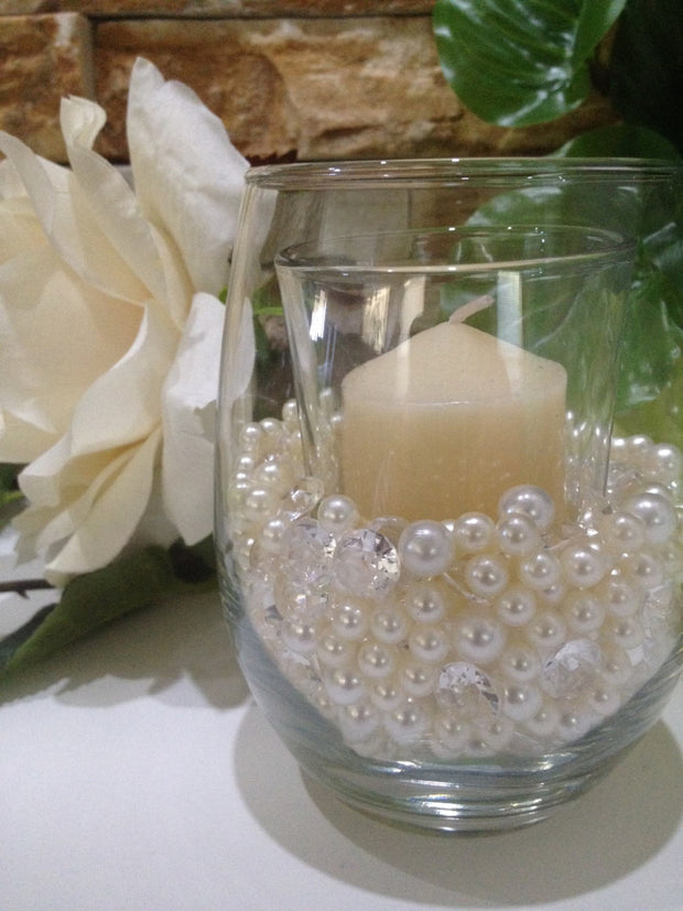 500 Pcs Pearls & Diamond Mixes Ivory/White, Clear Diamonds For Candle Votive Fillers, Table Scatter/Confetti and wedding decors