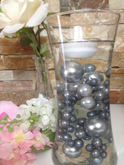 Floating Pearl Centerpiece, Gray/Silver Pearls 80pc Mix,  Jumbo Pearl Vase Fillers, Table Scatters
