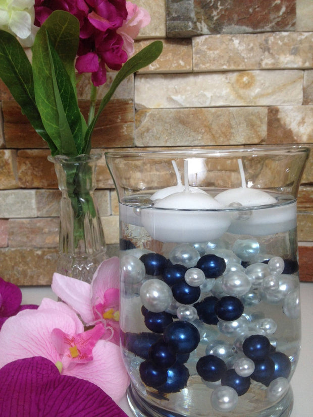 Easy DIY Floating Pearl Centerpiece, 90pc Navy Blue/White Pearls, No Hole Pearls Vase Fillers, Table Scatters