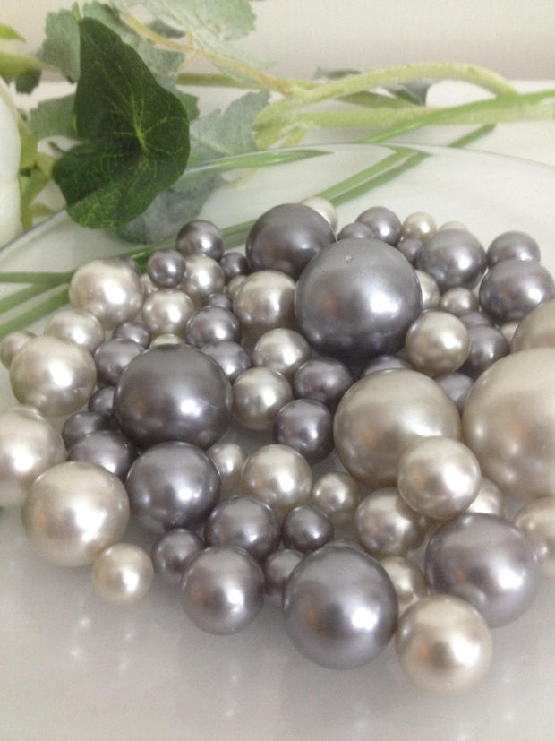 Floating Pearl Centerpiece, Gray/Light Silver Pearls 80pc Mix,  Jumbo Pearl Vase Fillers, Table Scatters, No Hole Pearls