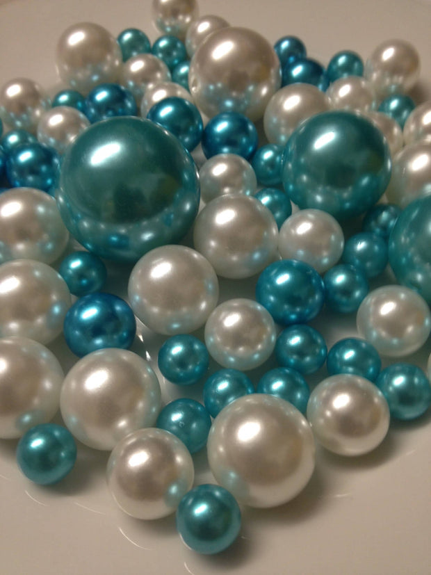 Aqua Blue Pearls/White Pearls Vase Fillers Table Scatters, Floating Pearl Centerpiece, Jumbo Pearls