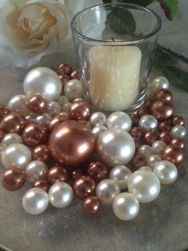 Burnt Copper Orange/Ivory Decorative Jumbo Pearls Vase Filler Mix, Table Scatters, Floating Pearl Centerpiece