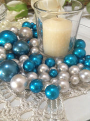 Dark Teal/Light Silver Floating Pearls Decors 80pc Mix Size  Jumbo Pearls Vase Fillers, No Hole Pearls, Decorative Pearls, Pearls Confetti