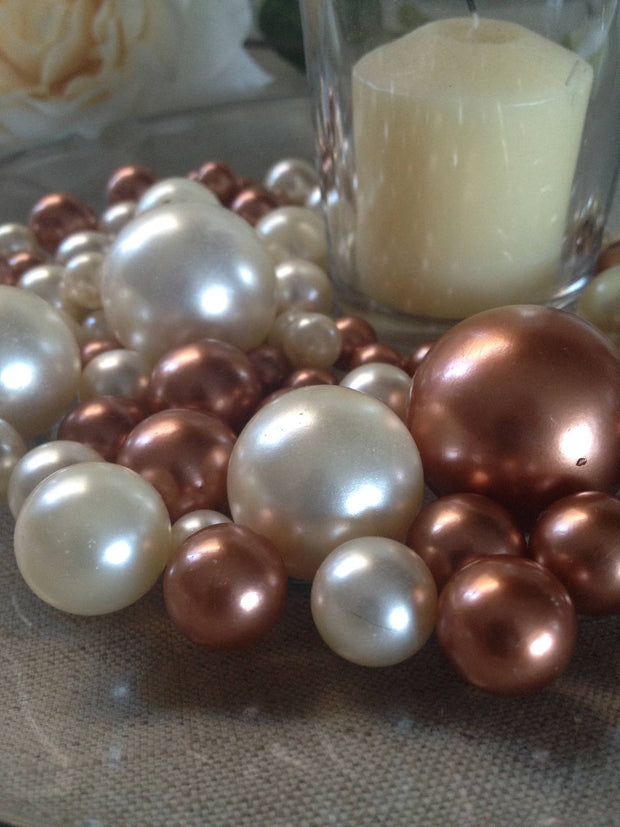Burnt Copper Orange/Ivory Decorative Jumbo Pearls Vase Filler Mix, Table Scatters, Floating Pearl Centerpiece