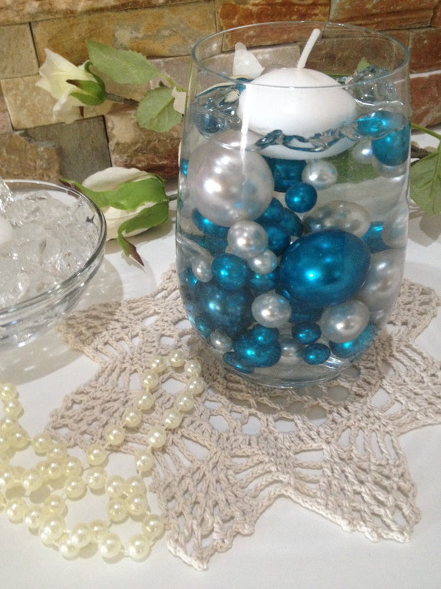 Dark Teal/Light Silver Floating Pearls Decors 80pc Mix Size  Jumbo Pearls Vase Fillers, No Hole Pearls, Decorative Pearls, Pearls Confetti