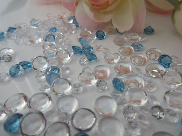 Raindrop beads Table Vase Fillers Table Scatters, Teal Blue/Clear Acrylic Diamond Gems, 3000pcs/Mix Size(4.5mm, 6mm, 7mm)