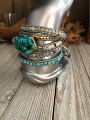 Turquoise precious stones 5 wrap leather Bracelet, Boho wrap leather bracelet, Good Luck bracelet, Mandala bracelet, Meditation bracelet