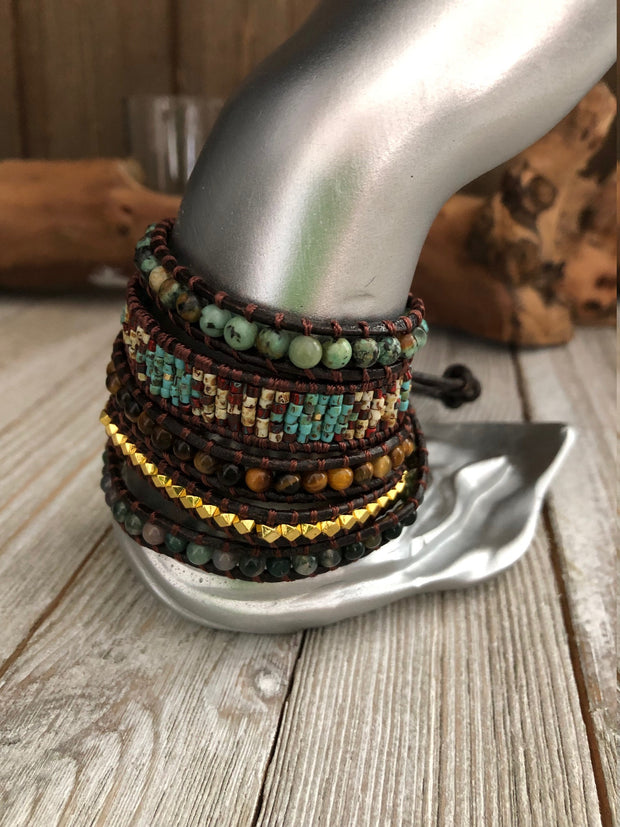 Agate semi precious stones and seed bead 5 wrap leather Bracelet, Boho wrap leather bracelet, Yoga meditation bracelet, Bohemian Bracelet