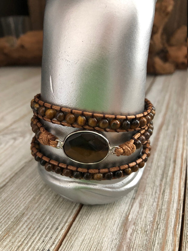 Tigers eye semi precious stones 3 wrap Bracelet, Boho beaded wrap bracelet, Yoga meditation bracelet, Bohemian Bracelet
