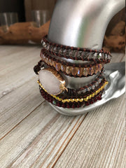 White druzy, crystal beads 5 wrap leather Bracelet, Boho beaded wrap bracelet, Yoga meditation bracelet, Bohemian Bracelet