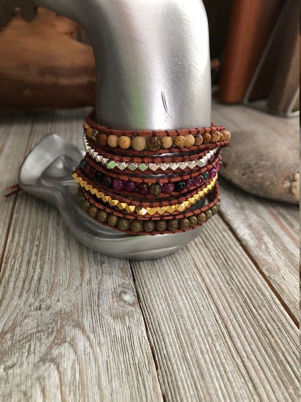 Five wrap leather bracelet Jasper And Mix Natural stones,  Boho wrap bracelet, Yoga meditation bracelet, Bohemian Bracelet