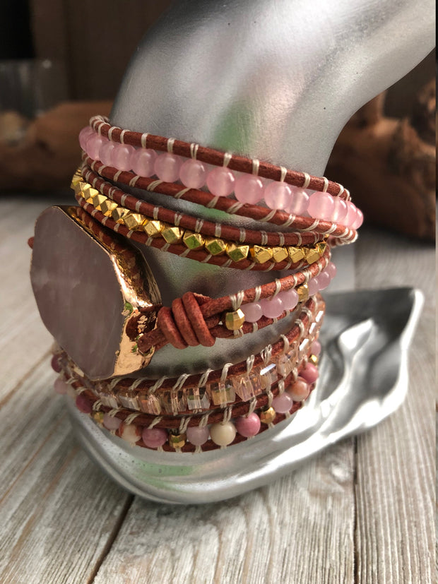 Rose quartz Five wrap leather bracelet, Boho wrap bracelet, Yoga meditation bracelet, Bohemian Bracelet