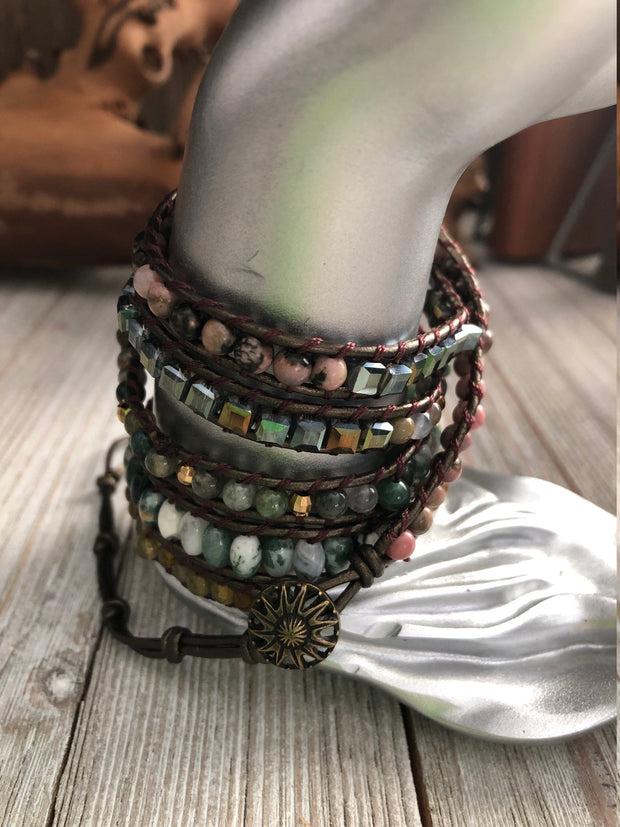 Labradorite Five wrap leather bracelet, Boho wrap bracelet, Yoga meditation bracelet, Bohemian Bracelet