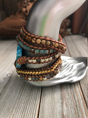 Five wrap leather bracelet Aquamarine semi precious stones,  Boho wrap bracelet, Yoga meditation bracelet, Bohemian Bracelet