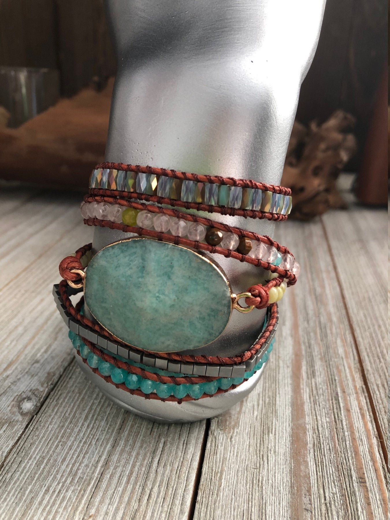 Natural Jasper Semi-Precious Stone Leather Wrap Bracelet