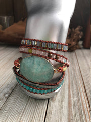 Five wrap leather bracelet Jasper semi precious stones,  Boho wrap bracelet, Yoga meditation bracelet, Bohemian Bracelet