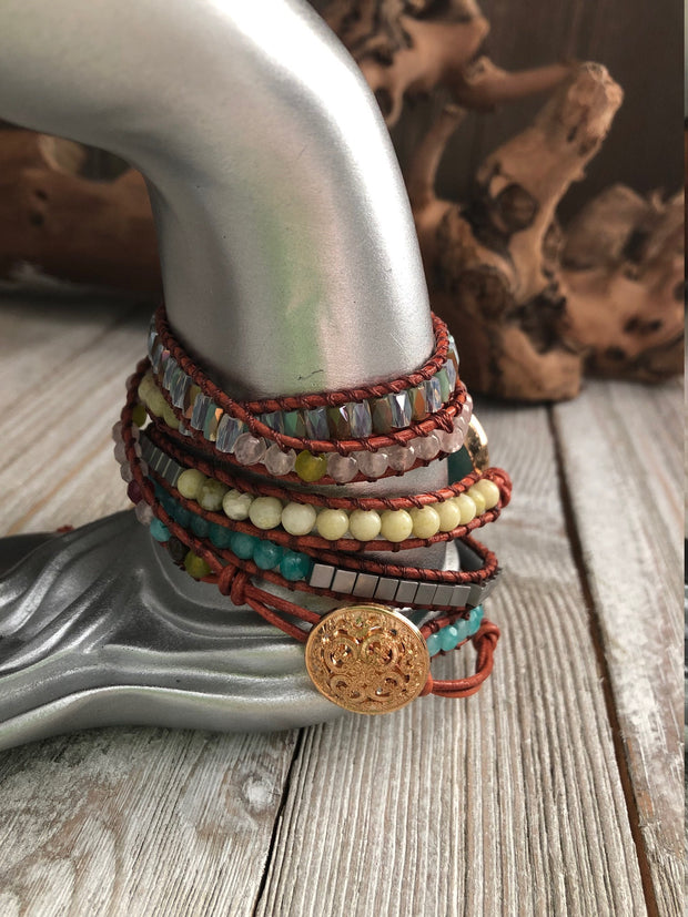 Five wrap leather bracelet Jasper semi precious stones,  Boho wrap bracelet, Yoga meditation bracelet, Bohemian Bracelet