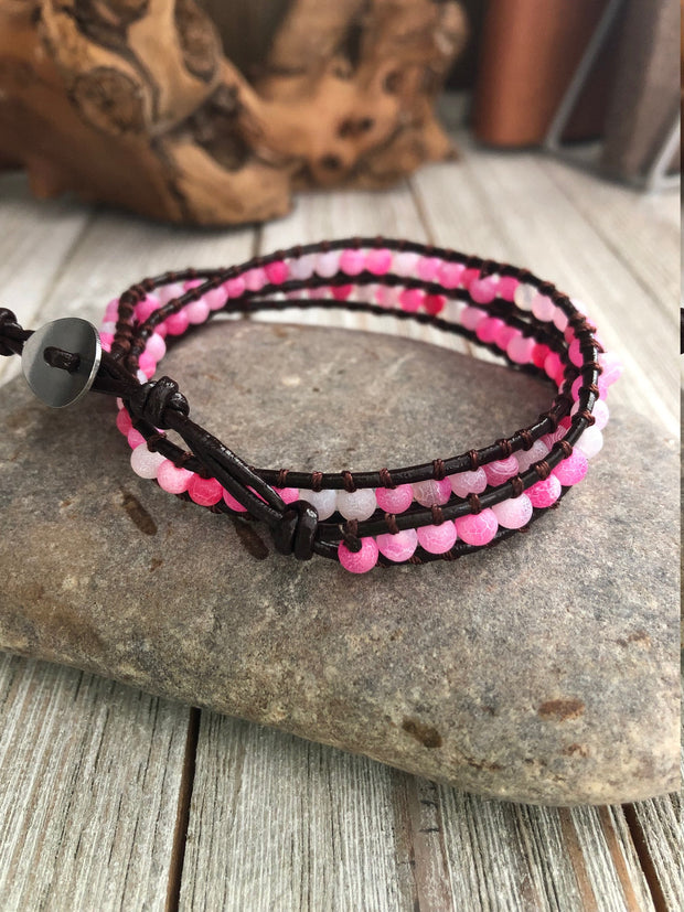 Double wrap pink pumice lava stone  Boho wrap bracelet, Yoga meditation bracelet, Bohemian Bracelet