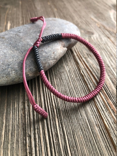 Lucky String Bracelet, Tibetan Buddhist Lucky Knots Bracelet - Rose Pink/Gray For Love, Compassion and Creativity