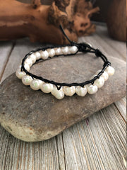 Fresh Water Pearl Leather Bracelet,  Healing property crystals, Boho bracelet, Good Luck bracelet, Mandala bracelet, Meditation bracelet