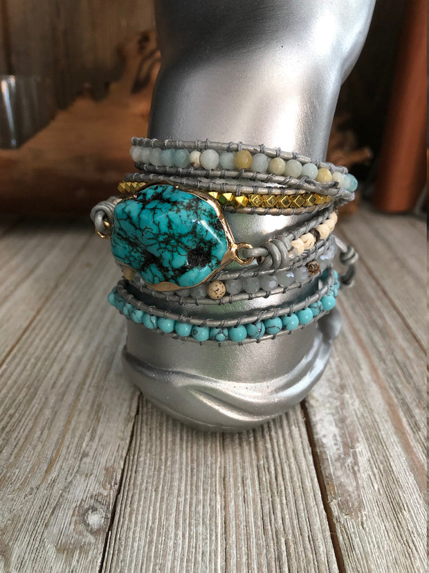Turquoise precious stones 5 wrap leather Bracelet, Boho wrap leather bracelet, Good Luck bracelet, Mandala bracelet, Meditation bracelet