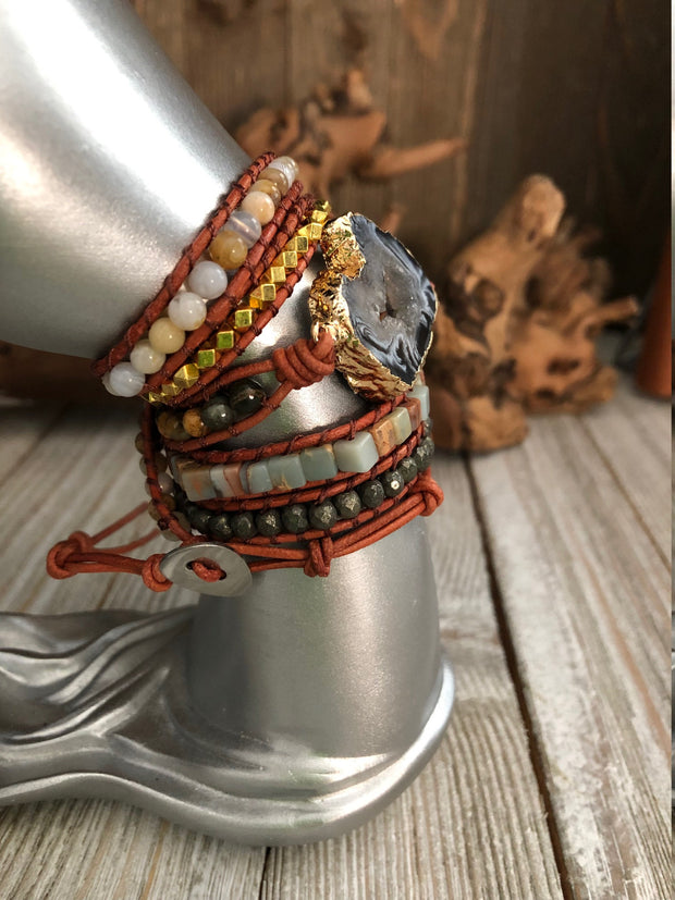 Tourmaline semi precious stones 5 wrap leather Bracelet, Boho wrap leather bracelet, Good Luck bracelet, Bohemian Bracelet
