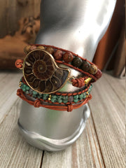 Ammonite Fossil And Mix Stones 3 wrap leather Bracelet, Boho wrap leather bracelet, Good Luck bracelet, Bohemian Bracelet