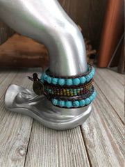 Turquoise and Jasper seed bead 3 wrap leather Bracelet, Boho wrap leather bracelet, Good Luck bracelet, Bohemian Bracelet