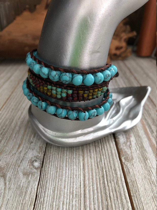 Turquoise and Jasper seed bead 3 wrap leather Bracelet, Boho wrap leather bracelet, Good Luck bracelet, Bohemian Bracelet