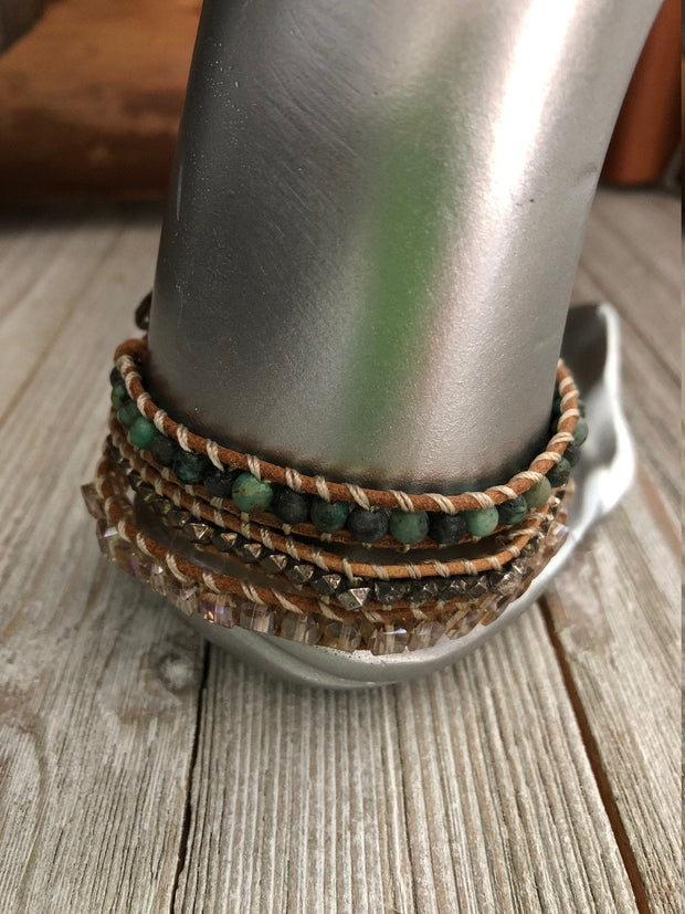 African turquoise semi precious stones 3 wrap leather Bracelet, Boho wrap leather bracelet, Good Luck bracelet, Bohemian Bracelet