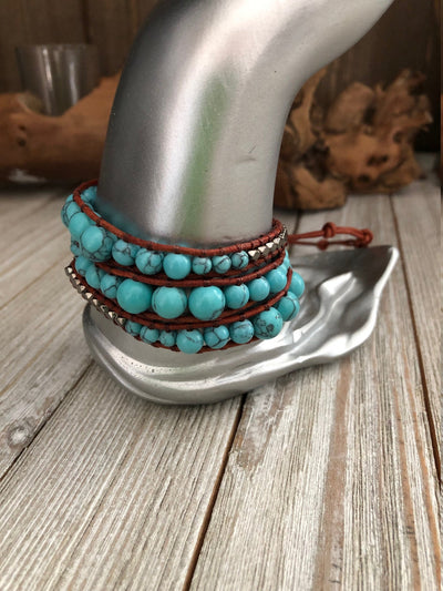 Turquoise semi precious stones 3 wrap leather Bracelet, Boho wrap leather bracelet, Good Luck bracelet, Bohemian Bracelet