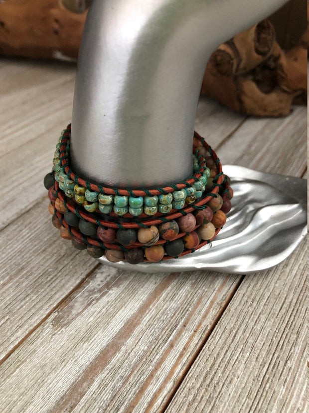 Indian Agate semi precious stones 3 wrap leather Bracelet, Boho wrap leather bracelet, Yoga meditation bracelet, Bohemian Bracelet