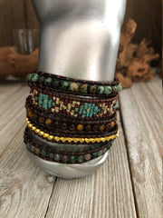Agate semi precious stones and seed bead 5 wrap leather Bracelet, Boho wrap leather bracelet, Yoga meditation bracelet, Bohemian Bracelet