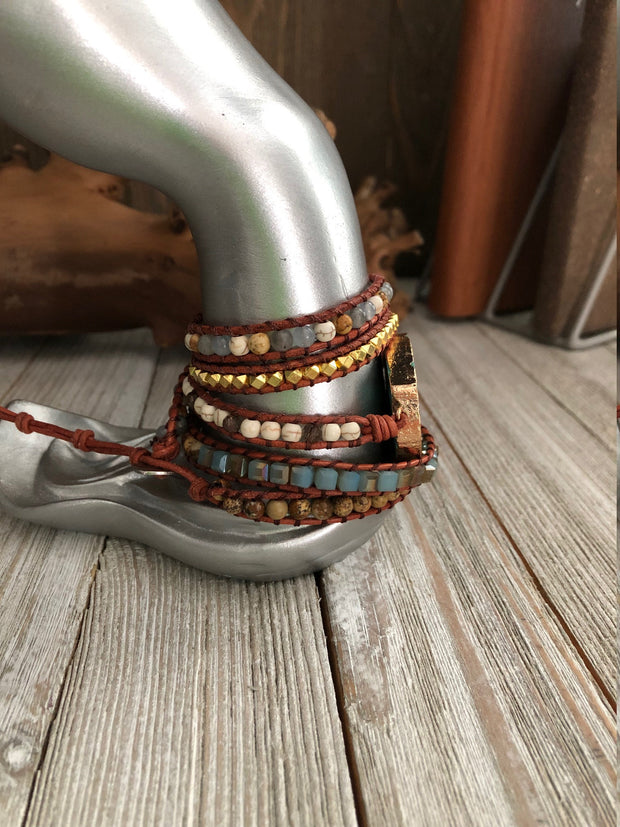 Ocean jasper semi precious stones 5 wrap leather Bracelet, Boho beaded wrap bracelet, Yoga meditation bracelet, Bohemian Bracelet