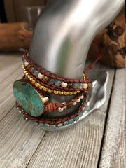 Ocean jasper semi precious stones 5 wrap leather Bracelet, Boho beaded wrap bracelet, Yoga meditation bracelet, Bohemian Bracelet