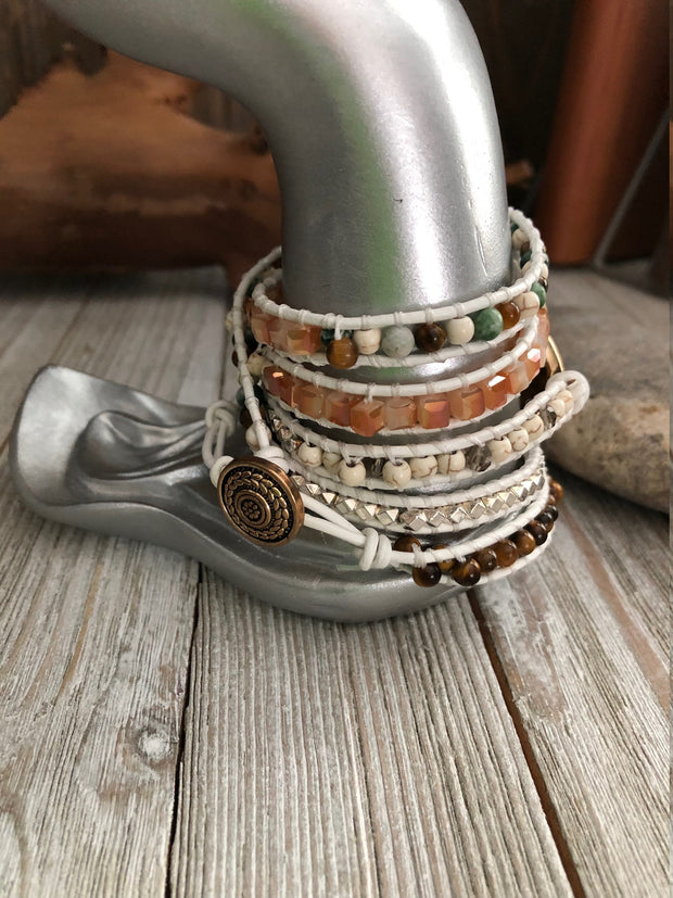 Tigers Eye semi precious stones  5 wrap leather Bracelet, Boho beaded wrap bracelet, Yoga meditation bracelet, Bohemian Bracelet