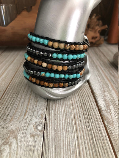 Five wrap leather bracelet turquoise, jasper semi precious stones, Boho wrap bracelet, Yoga meditation bracelet, Bohemian Bracelet